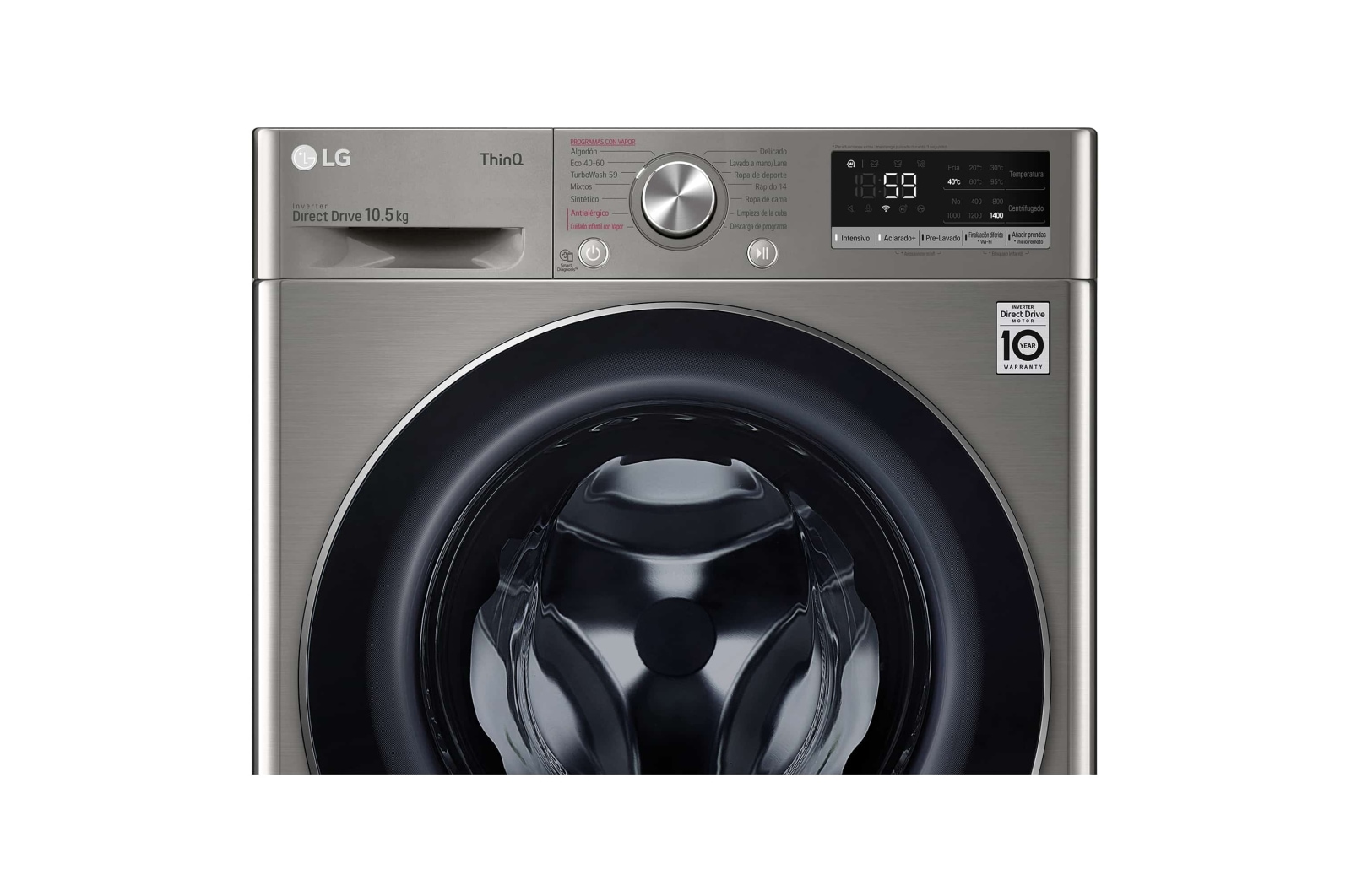 LG Lavadora inteligente AI Direct Drive™, TurboWash 59, 10,5kg, 1400rpm, Clasificación B, Inox antihuellas, Serie 700, F4WV5010S2S