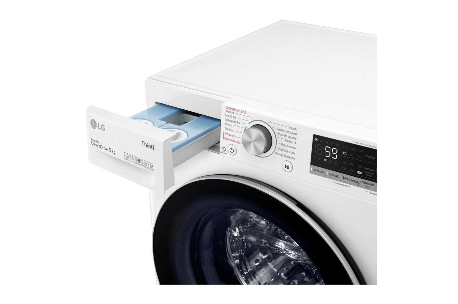 LG Lavadora inteligente AI Direct Drive™, TurboWash 59, con autodosificación de detergente, 9kg, 1400rpm, Clasificación B, Blanca, Serie 550, F4WV5509S1W