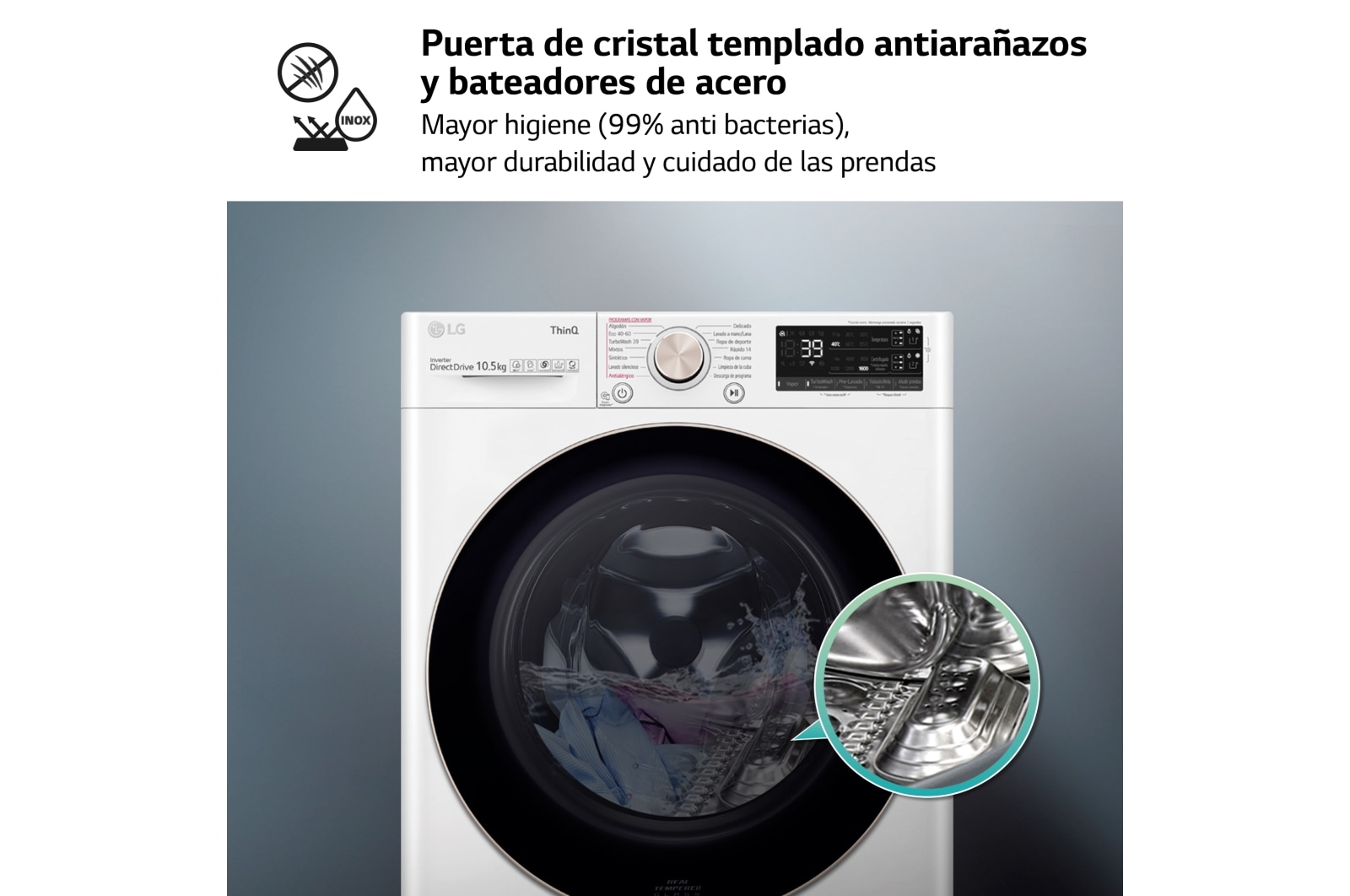 LG Lavadora inteligente  AI Direct Drive TM,<br> TurboWash 360º,  con autodosificación de detergente, 10,5kg, 1600rpm,<br> Clasificación Un 10% más eficiente que  A<br> Blanca, Serie 750, F6WV7510PRW