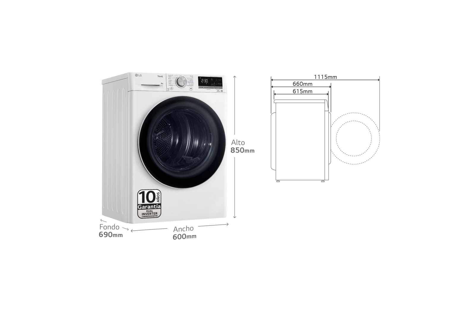 LG Secadora con Bomba de calor Dual Inverter 8kg, Clasificación A+++, Blanca, Serie 9, RH80V9AV4N