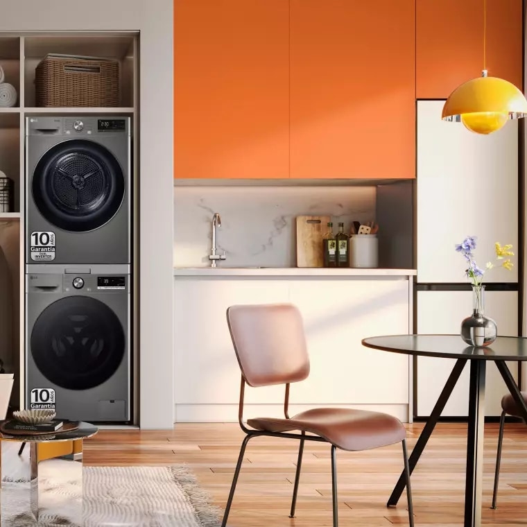 LG Torre de Lavado, Inox, Lavadora inteligente 9kg, 1400rpm, Un 10% mas eficiente que A + Secadora 9kg, A+++, TORREINOX99.SET