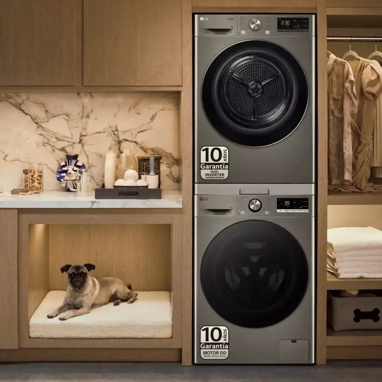 LG Torre de Lavado, Inox, Lavadora inteligente 9kg, 1400rpm, Un 10% mas eficiente que A + Secadora 9kg, A+++, TORREINOX99.SET