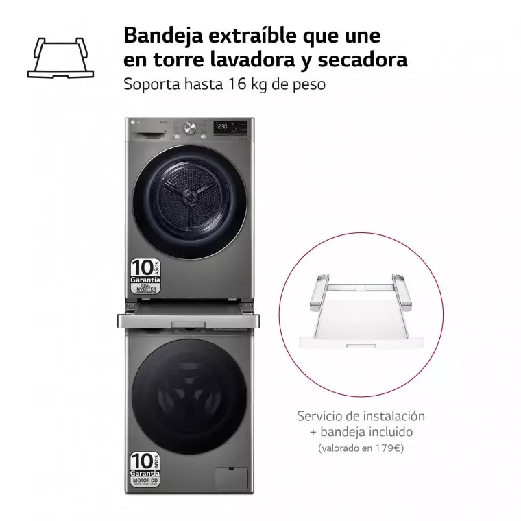 LG Torre de Lavado, Inox, Lavadora inteligente 9kg, 1400rpm, Un 10% mas eficiente que A + Secadora 9kg, A+++, TORREINOX99.SET