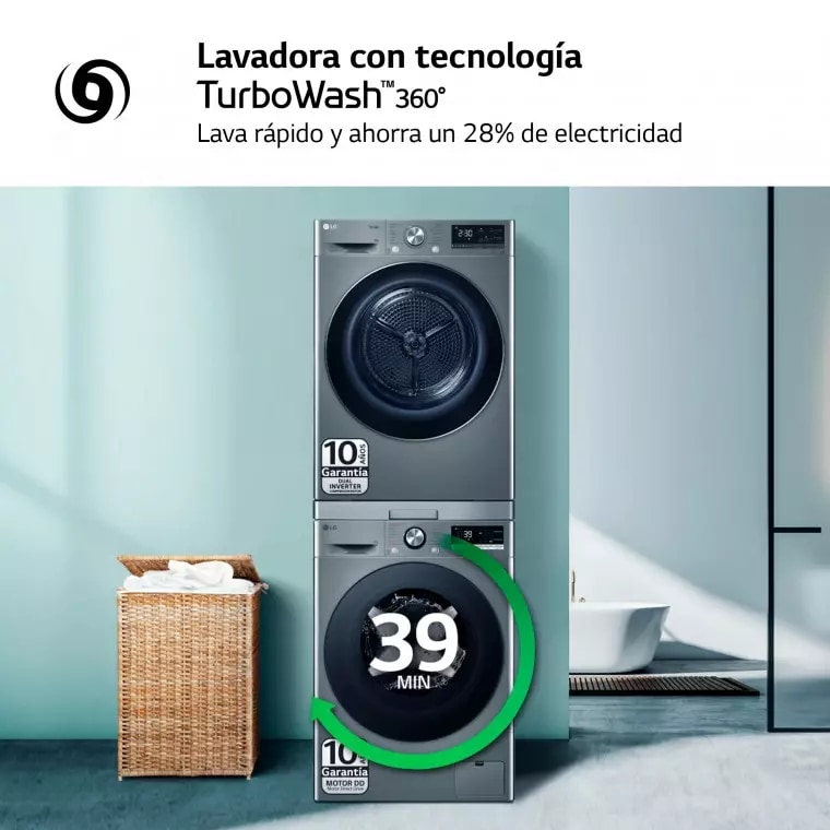 LG Torre de Lavado, Inox, Lavadora inteligente 9kg, 1400rpm, Un 10% mas eficiente que A + Secadora 9kg, A+++, TORREINOX99.SET
