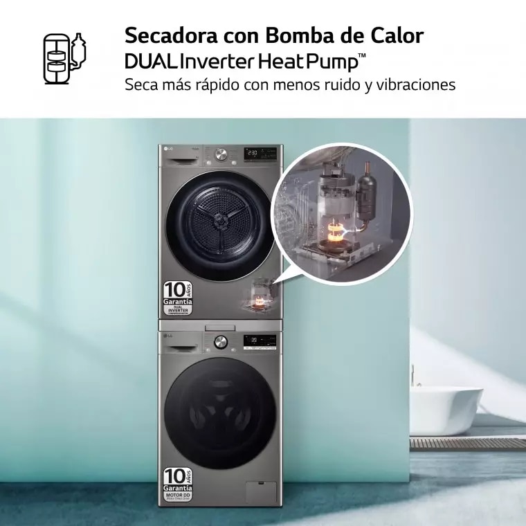 LG Torre de Lavado, Inox, Lavadora inteligente 9kg, 1400rpm, Un 10% mas eficiente que A + Secadora 9kg, A+++, TORREINOX99.SET