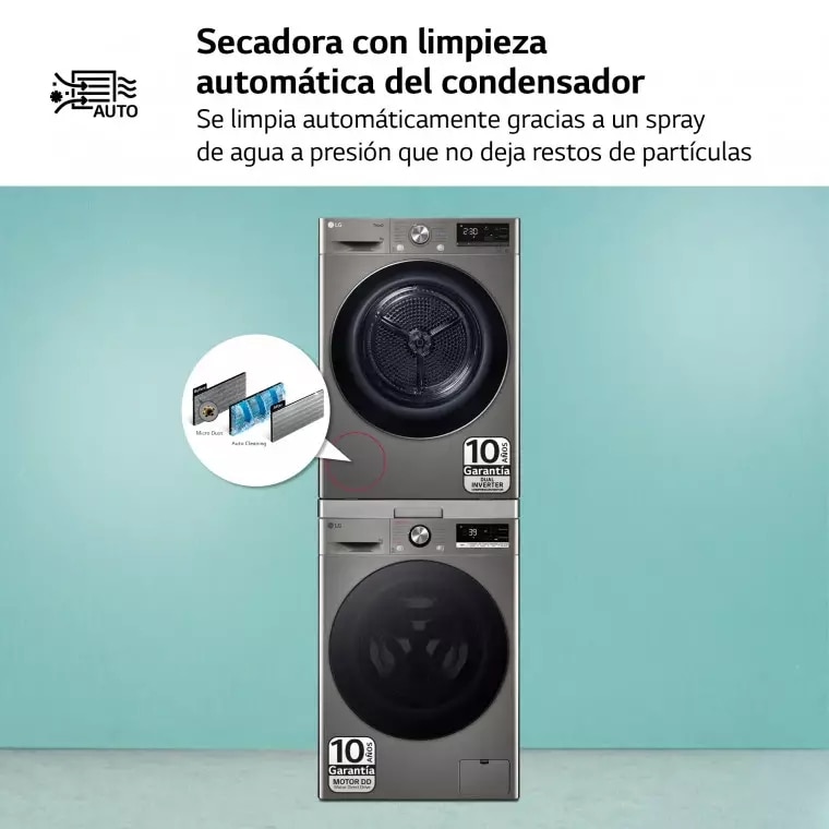 LG Torre de Lavado, Inox, Lavadora inteligente 9kg, 1400rpm, Un 10% mas eficiente que A + Secadora 9kg, A+++, TORREINOX99.SET