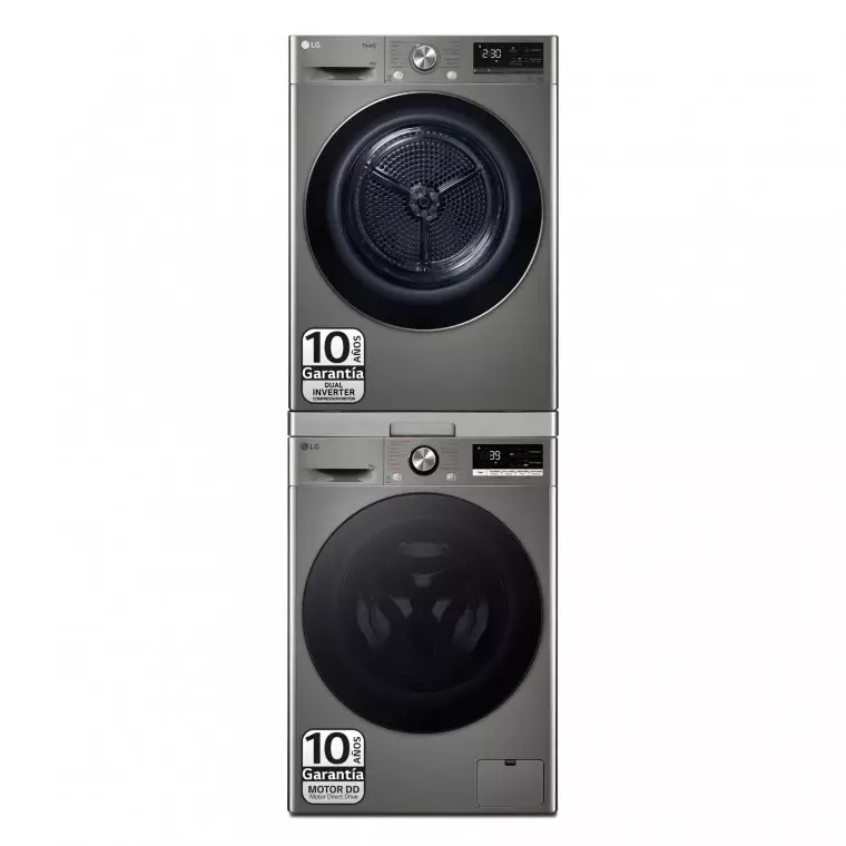 LG Torre de Lavado, Inox, Lavadora inteligente 9kg, 1400rpm, Un 10% mas eficiente que A + Secadora 9kg, A+++, TORREINOX99.SET