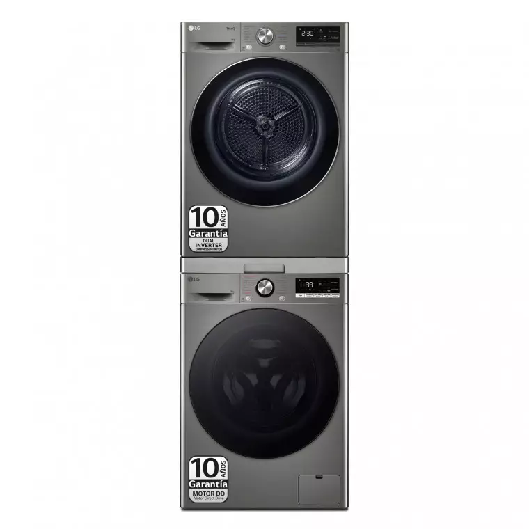 LG Torre de Lavado, Inox, Lavadora inteligente 9kg, 1400rpm, Un 10% mas eficiente que A + Secadora 9kg, A+++, TORREINOX99.SET