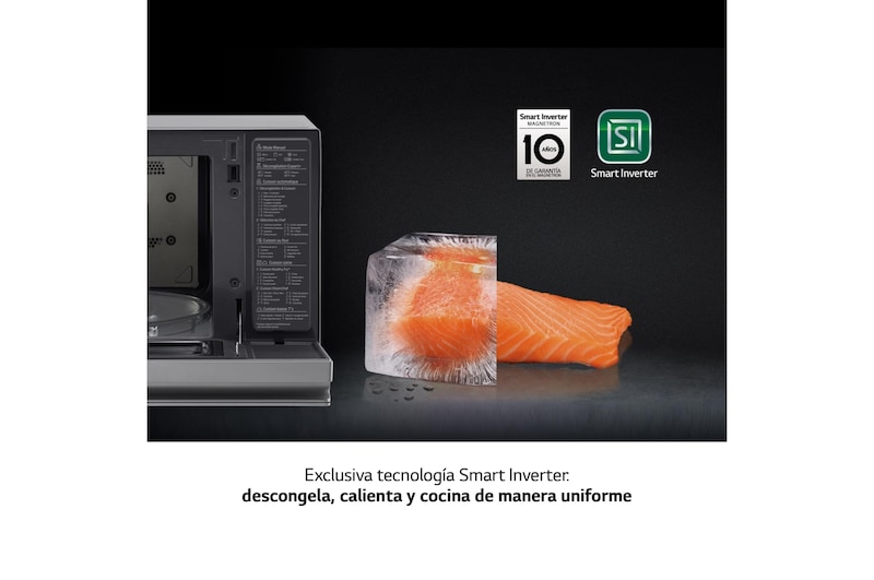 LG Horno Convección Microondas 4 en 1 Smart Inverter, con función freidora de aire, color Acero-Negro 1100W de 39 litros, MJ3965ACS