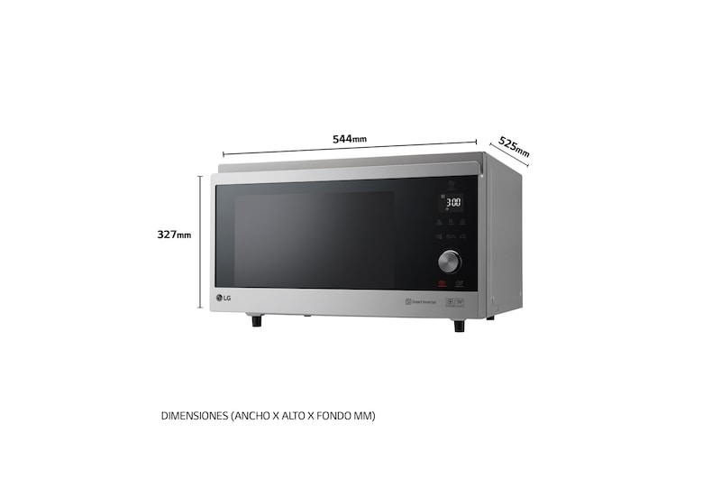 LG Horno Convección Microondas 4 en 1 Smart Inverter, con función freidora de aire, color Acero-Negro 1100W de 39 litros, MJ3965ACS