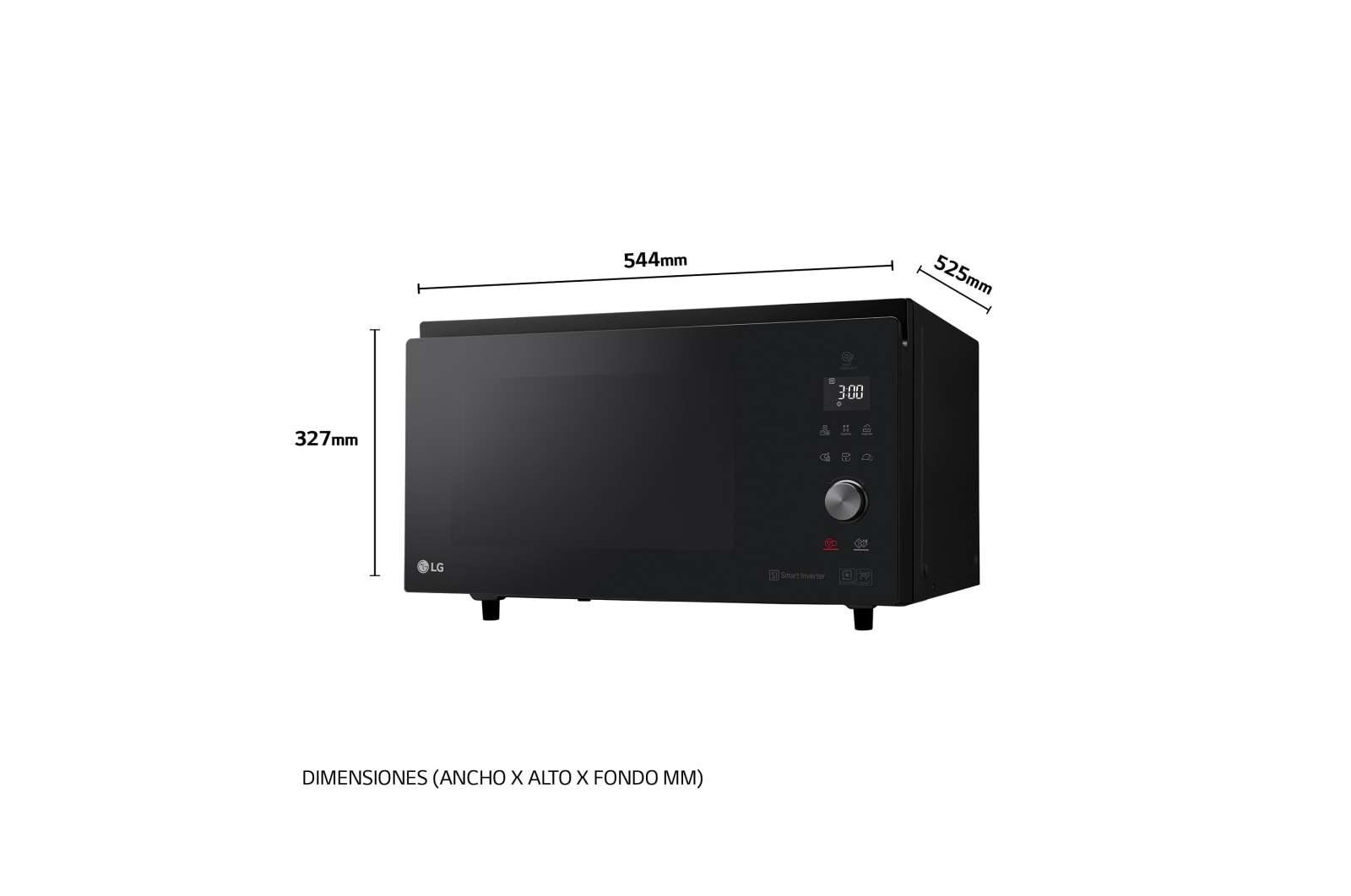 LG Horno Convección Microondas 4 en 1  Smart Inverter, con función freidora de aire,  color Negro 1100W de 39 litros, MJ3965BPS