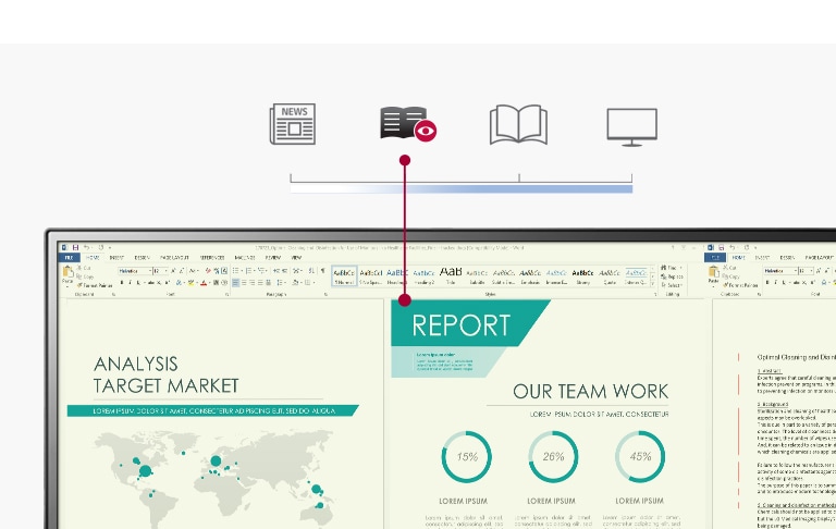 Informe de trabajo mostrado en el monitor que emite luz azul reducida con la temperatura de color similar al papel, en comparación con el modo convencional
