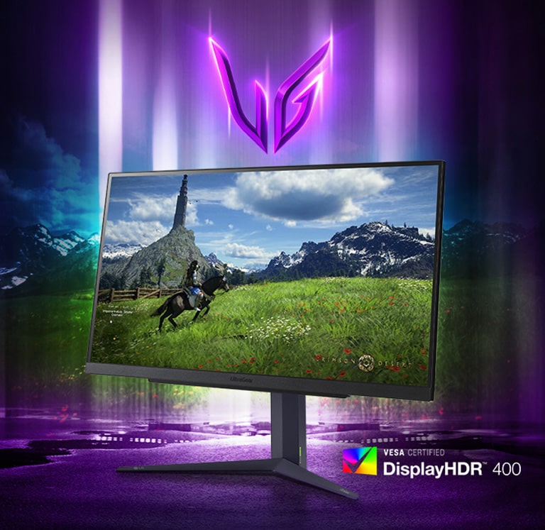 Monitor LG UltraGear™ con la imagen de un hombre montando a caballo.