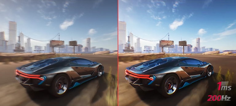 Muestra dos animaciones comparadas de un coche acelerando en el juego. Las dos imagen es se ven iguales, pero la primera que no aplica una tasa de refresco de 200Hz es menos clara que la otra.