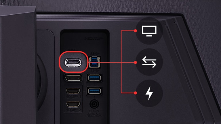 Hay varios puertos en la parte posterior del monitor, incluido el puerto USB tipo-C.