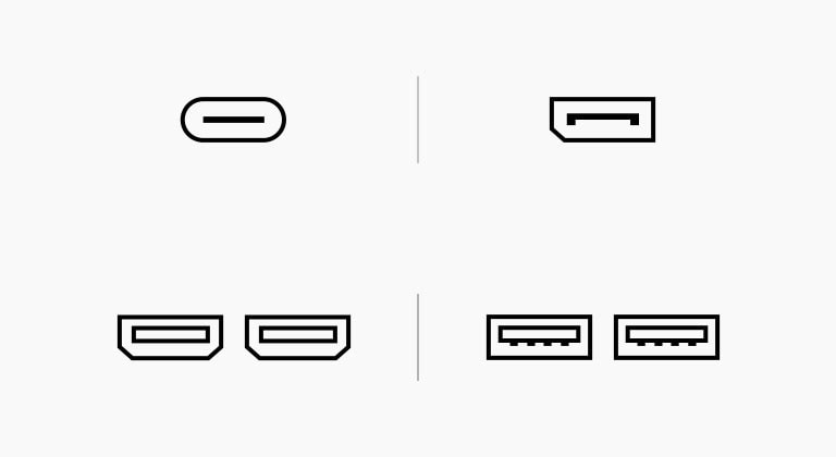 Imagen pictograma de los puertos USB Tipo C, DisplayPort, HDMI y USB (descendente3.0)