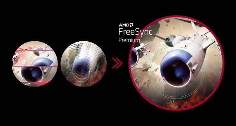 Imagen de juego clara con movimiento fluido y continuo cuando AMD FreeSync™ está activado, mientras que la pantalla parpadea y se rompe cuando AMD FreeSync™ está desactivado.
