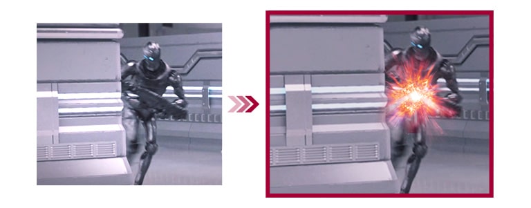 Una comparación de dos escenas de juego entre el modo convencional y el modo Dynamic Action Sync con el retraso de entrada minimizado