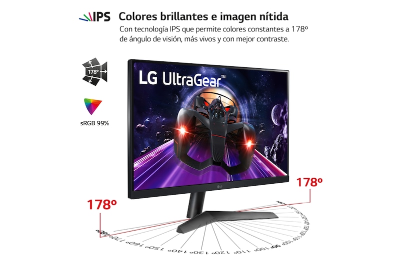 LG Monitor Gaming LG UltraGear™ de 24 pulgadas | 144Hz IPS con tiempo de respuesta de 1ms (GtG), FreeSync™ Premium, 24GN60R-B