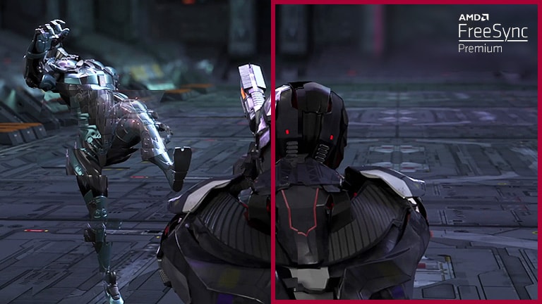 En el juego FPS de ritmo rápido, con el modo AMD FreeSync Premium desactivado, el jugador se mueve alrededor de 3 oponentes protegiéndose y disparando, y los cuadros interrumpidos y la fragmentación de pantalla aparecen durante el movimiento rápido del oponente, en comparación con el movimiento continuo de otra escena con el modo AMD FreeSync Premium activado. En el juego FPS de ritmo rápido, con el modo AMD FreeSync Premium desactivado, el jugador se mueve alrededor de 3 oponentes protegiéndose y disparando, y los cuadros interrumpidos y la fragmentación de pantalla aparecen durante el movimiento rápido del oponente, en comparación con el movimiento continuo de otra escena con el modo AMD FreeSync Premium activado.