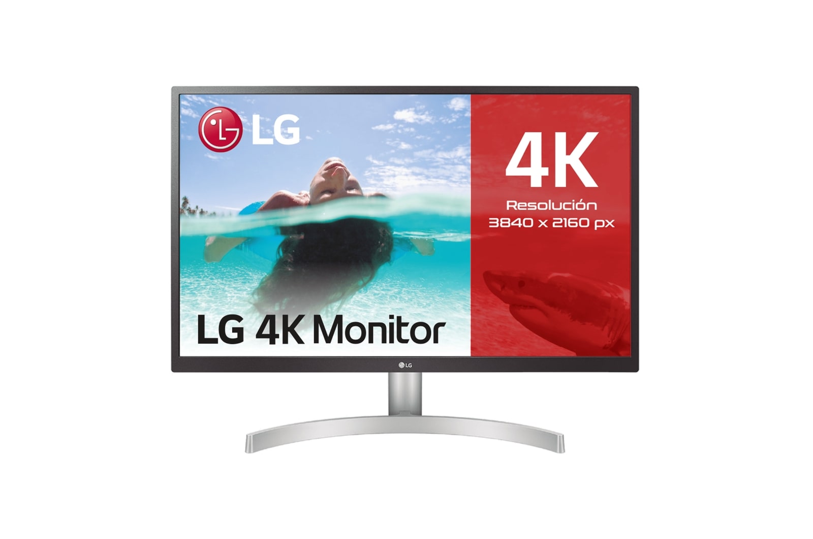 LG Monitor UHD polivalente (Panel IPS: 3840 x 2160p, 16:9, 300cd/m², 1000:1, sRGB >98%, 60Hz, 5ms); diag. 68,4cm; entradas: HDMI x2, DP x1, G, 27UL550P-W