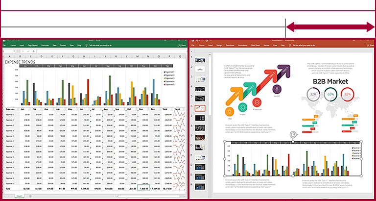 Espacio suficiente para mostrar hojas de datos y diapositivas una al lado de la otra en la pantalla UltraWide de 21:9 en comparación con la pantalla de 16:9