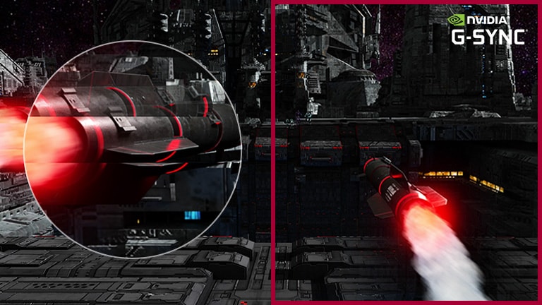 Un misil giratorio vuela hacia los objetivos a gran velocidad en el juego FPS, y el movimiento giratorio rápido capturado al hacer zoom ampliado es más fluido con el modo G-Sync activado en comparación con otra escena con el modo G-Sync desactivado.