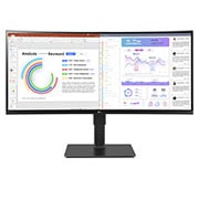 LG Monitor Ultrawide (Panel IPS: 3440 x 1440p, 21:9, Curvo 3800R , 300cd/m², 1000:1, sRGB >99%, 60Hz, 5ms); diag. 86,42cm, entradas: HDMI x2, DP x1, USB-C (90W) x1, USB-A x4, Salida auriculares + Micrófono; Webcam, HDR10, 2PBP, +Superesolution, Soporte VESA 100x100, 34BQ77QC-B