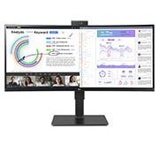 LG Monitor Ultrawide (Panel IPS: 3440 x 1440p, 21:9, Curvo 3800R , 300cd/m², 1000:1, sRGB >99%, 60Hz, 5ms); diag. 86,42cm, entradas: HDMI x2, DP x1, USB-C (90W) x1, USB-A x4, Salida auriculares + Micrófono; Webcam, HDR10, 2PBP, +Superesolution, Soporte VESA 100x100, 34BQ77QC-B