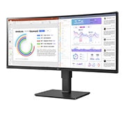 LG Monitor Ultrawide (Panel IPS: 3440 x 1440p, 21:9, Curvo 3800R , 300cd/m², 1000:1, sRGB >99%, 60Hz, 5ms); diag. 86,42cm, entradas: HDMI x2, DP x1, USB-C (90W) x1, USB-A x4, Salida auriculares + Micrófono; Webcam, HDR10, 2PBP, +Superesolution, Soporte VESA 100x100, 34BQ77QC-B