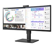 LG Monitor Ultrawide (Panel IPS: 3440 x 1440p, 21:9, Curvo 3800R , 300cd/m², 1000:1, sRGB >99%, 60Hz, 5ms); diag. 86,42cm, entradas: HDMI x2, DP x1, USB-C (90W) x1, USB-A x4, Salida auriculares + Micrófono; Webcam, HDR10, 2PBP, +Superesolution, Soporte VESA 100x100, 34BQ77QC-B