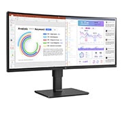 LG Monitor Ultrawide (Panel IPS: 3440 x 1440p, 21:9, Curvo 3800R , 300cd/m², 1000:1, sRGB >99%, 60Hz, 5ms); diag. 86,42cm, entradas: HDMI x2, DP x1, USB-C (90W) x1, USB-A x4, Salida auriculares + Micrófono; Webcam, HDR10, 2PBP, +Superesolution, Soporte VESA 100x100, 34BQ77QC-B