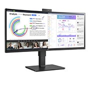 LG Monitor Ultrawide (Panel IPS: 3440 x 1440p, 21:9, Curvo 3800R , 300cd/m², 1000:1, sRGB >99%, 60Hz, 5ms); diag. 86,42cm, entradas: HDMI x2, DP x1, USB-C (90W) x1, USB-A x4, Salida auriculares + Micrófono; Webcam, HDR10, 2PBP, +Superesolution, Soporte VESA 100x100, 34BQ77QC-B