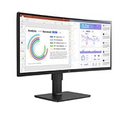 LG Monitor Ultrawide (Panel IPS: 3440 x 1440p, 21:9, Curvo 3800R , 300cd/m², 1000:1, sRGB >99%, 60Hz, 5ms); diag. 86,42cm, entradas: HDMI x2, DP x1, USB-C (90W) x1, USB-A x4, Salida auriculares + Micrófono; Webcam, HDR10, 2PBP, +Superesolution, Soporte VESA 100x100, 34BQ77QC-B