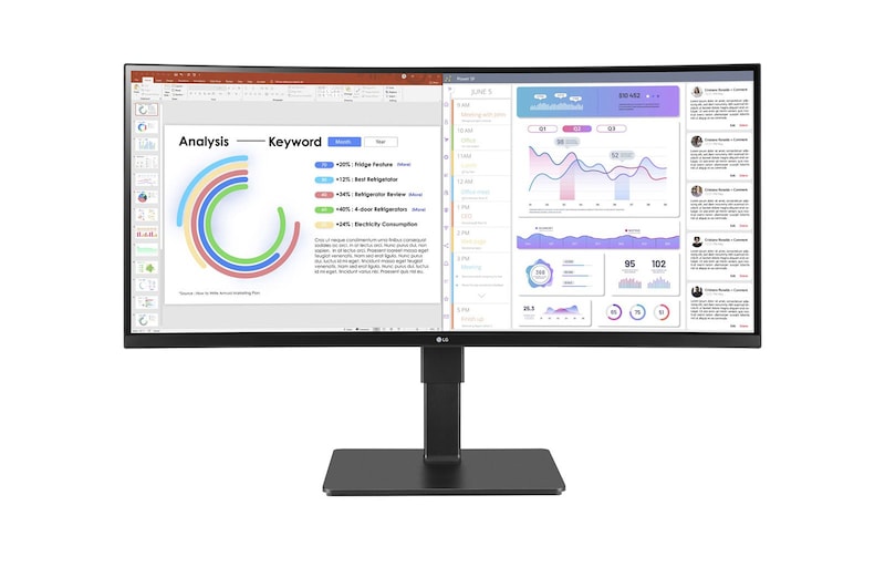 LG Monitor Ultrawide (Panel IPS: 3440 x 1440p, 21:9, Curvo 3800R , 300cd/m², 1000:1, sRGB >99%, 60Hz, 5ms); diag. 86,42cm, entradas: HDMI x2, DP x1, USB-C (90W) x1, USB-A x4, Salida auriculares + Micrófono; Webcam, HDR10, 2PBP, +Superesolution, Soporte VESA 100x100, 34BQ77QC-B