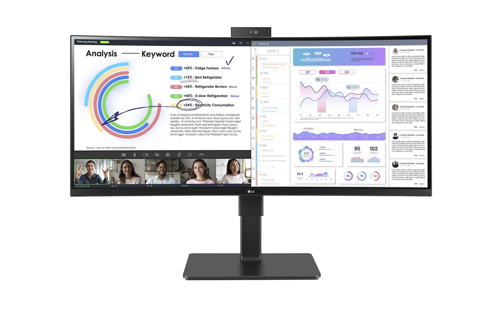 LG Monitor Ultrawide (Panel IPS: 3440 x 1440p, 21:9, Curvo 3800R , 300cd/m², 1000:1, sRGB >99%, 60Hz, 5ms); diag. 86,42cm, entradas: HDMI x2, DP x1, USB-C (90W) x1, USB-A x4, Salida auriculares + Micrófono; Webcam, HDR10, 2PBP, +Superesolution, Soporte VESA 100x100, 34BQ77QC-B