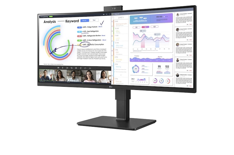 LG Monitor Ultrawide (Panel IPS: 3440 x 1440p, 21:9, Curvo 3800R , 300cd/m², 1000:1, sRGB >99%, 60Hz, 5ms); diag. 86,42cm, entradas: HDMI x2, DP x1, USB-C (90W) x1, USB-A x4, Salida auriculares + Micrófono; Webcam, HDR10, 2PBP, +Superesolution, Soporte VESA 100x100, 34BQ77QC-B