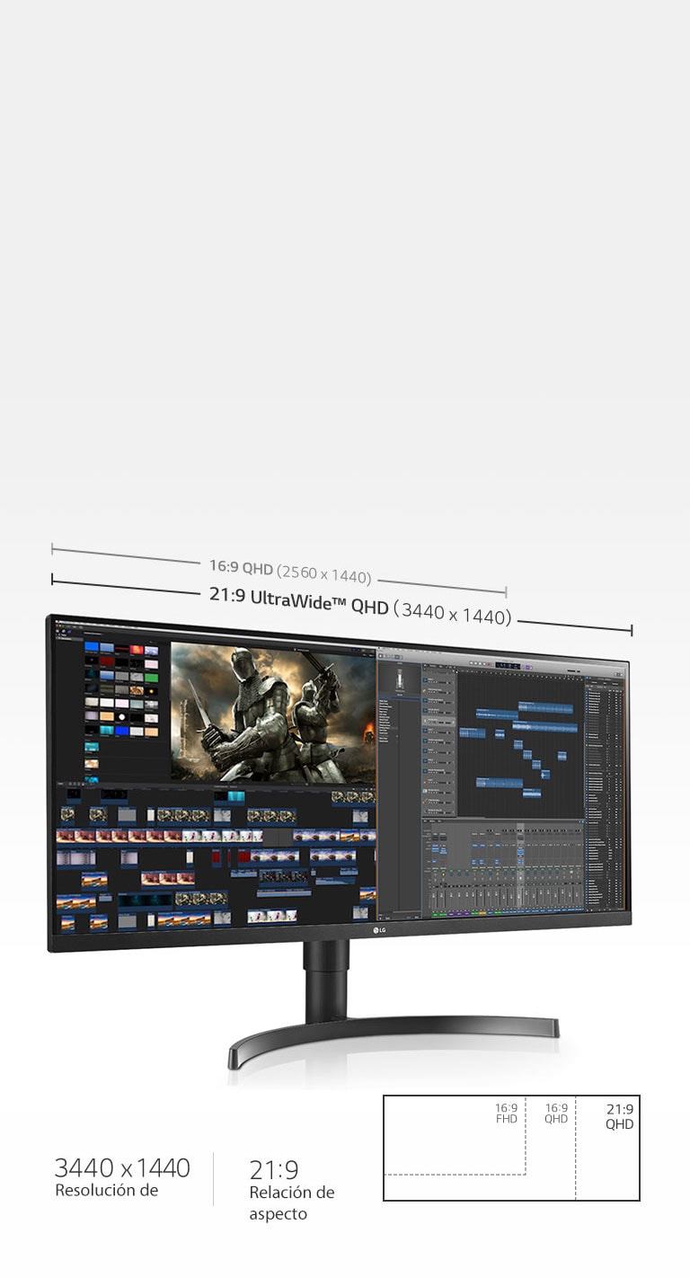 La pantalla QHD 21:9 (3440 x 1440) es 2,4 veces más ancha que la pantalla Full HD 16:9 (1920 x 1080), y proporciona 880 ppp más que QHD 16:9 (2560 x 1440).