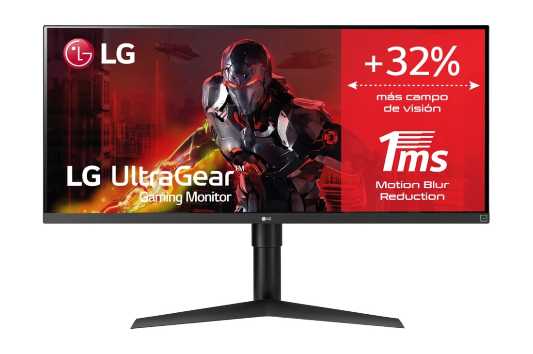 LG Monitor LG UltraGear UltraWide (Panel IPS: 2560x1080p, 21:9, 400 cd/m², 1000:1, 5ms “1ms con MBR”); entradas: DP x1, HDMI x1; AMD FreeSync™, 34WP65G-B