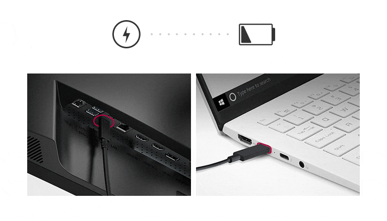 A través de USB Tipo-C™ podrás mantener encendido tu monitor al mismo tiempo que cargas tu ordenador.