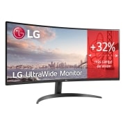 LG Monitor Ultrawide (Panel VA: 3440 x 1440p, 21:9, 300cd/m², 3000:1, sRGB >99%, 100Hz, 5ms); diag. 86,42cm; entradas: HDMI x2, DP x1, Salida auriculares; Soporte VESA 100x100., 34WR50QC-B