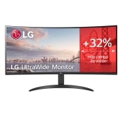 LG Monitor Ultrawide (Panel VA: 3440 x 1440p, 21:9, 300cd/m², 3000:1, sRGB >99%, 100Hz, 5ms); diag. 86,42cm; entradas: HDMI x2, DP x1, Salida auriculares; Soporte VESA 100x100., 34WR50QC-B