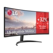 LG Monitor Ultrawide (Panel VA: 3440 x 1440p, 21:9, 300cd/m², 3000:1, sRGB >99%, 100Hz, 5ms); diag. 86,42cm; entradas: HDMI x2, DP x1, Salida auriculares; Soporte VESA 100x100., 34WR50QC-B