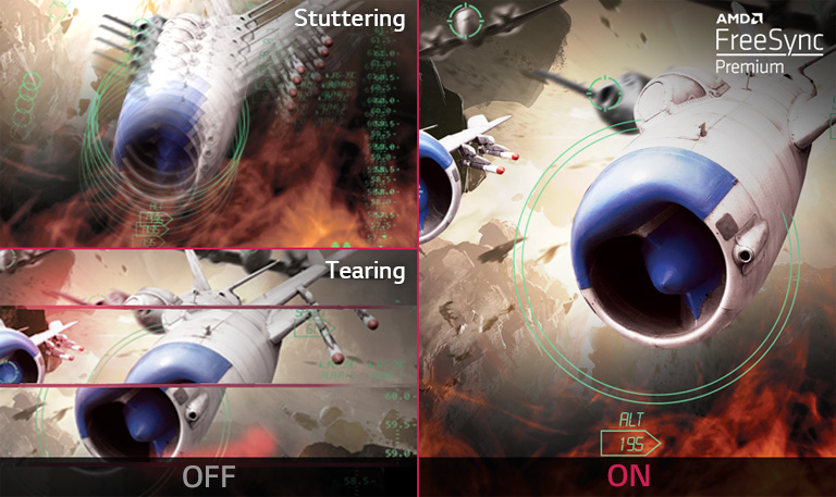 Imagen clara del juego con movimiento fluido e impecable cuando la tecnología AMD FreeSync™ Premium Pro está activada, mientras que si AMD FreeSync™ Premium Pro está desactivado, aparecen los cuadros interrumpidos y la fragmentación.