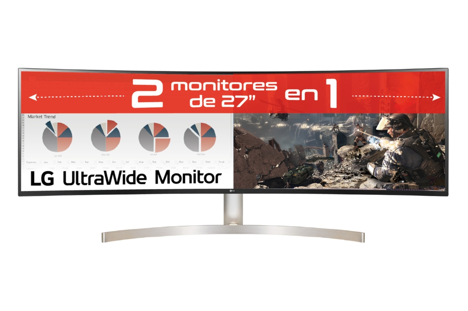 LG 49WL95C-W - Monitor Ultrapanoramico 21:9 LG UltraWide (Panel IPS: 5120x1440, 32:9, 350cd/m², 1000:1, sRGB >99%, curvo); diag. 124,5cm; entr,: HDMIx2, DPx1, USB-Cx1, USB-Ax4; altavoces 2x10W; Ajust. en altura e inclinación y giratorio., 49WL95C-W