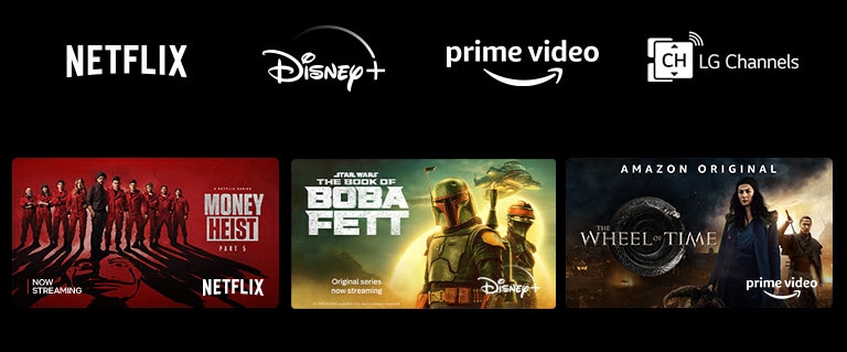 Un póster de La casa de papel de Netflix, El libro de Boba Fett de Disney Plus y La rueda del tiempo de Prime Video.