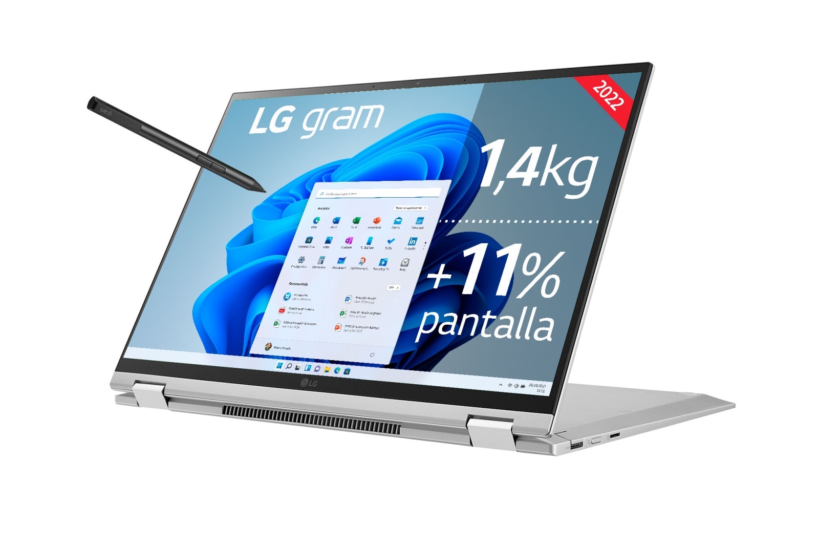 LG gram 16T90Q-G<br>Windows 11 Home - Convertible 2en1 ultraligero de 40,6cm (16") WQXGA 16:10 IPS (1,4kg, autonomía 16h, Intel EvoTM i7 12ª gen., Iris Xe, 16GB RAM, 1TB SSD NVMe) Plateado - Teclado Español, 16T90Q-G.AA79B