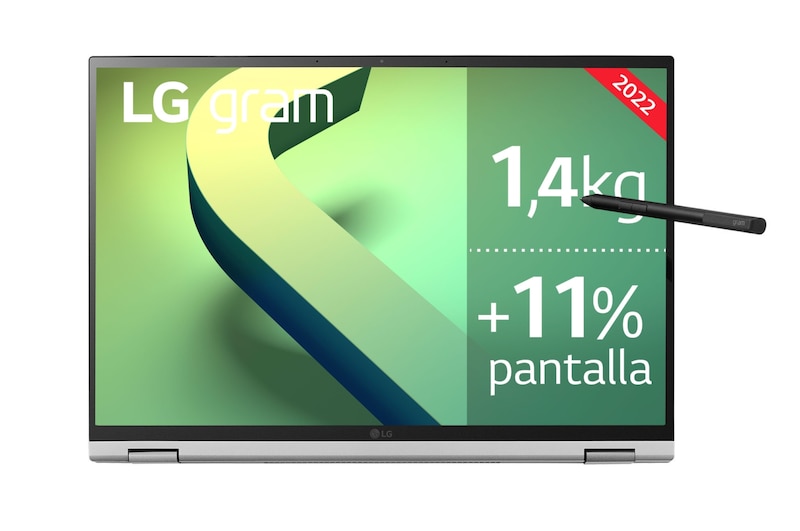 LG gram 16T90Q-G<br>Windows 11 Home - Convertible 2en1 ultraligero de 40,6cm (16") WQXGA 16:10 IPS (1,4kg, autonomía 16h, Intel EvoTM i7 12ª gen., Iris Xe, 16GB RAM, 1TB SSD NVMe) Plateado - Teclado Español, 16T90Q-G.AA79B