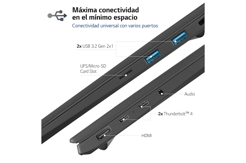 LG Portátil 17" LG gram 17Z90R, Windows 11 Home, Intel® Core™ i5 , 32 GB RAM , 1TB SSD, Panel IPS (2560*1600), Ligero, 1.450 g , 20 h, AI, Negro, 17Z90R-E.AD78B