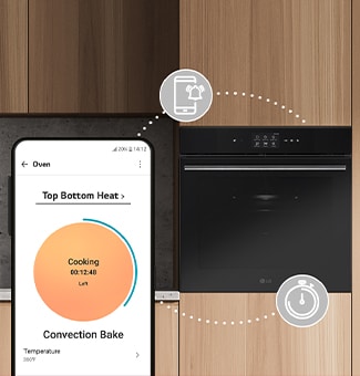 Imagen en la que los iconos de temporizador y notificación push están conectados entre el smartphone y el horno